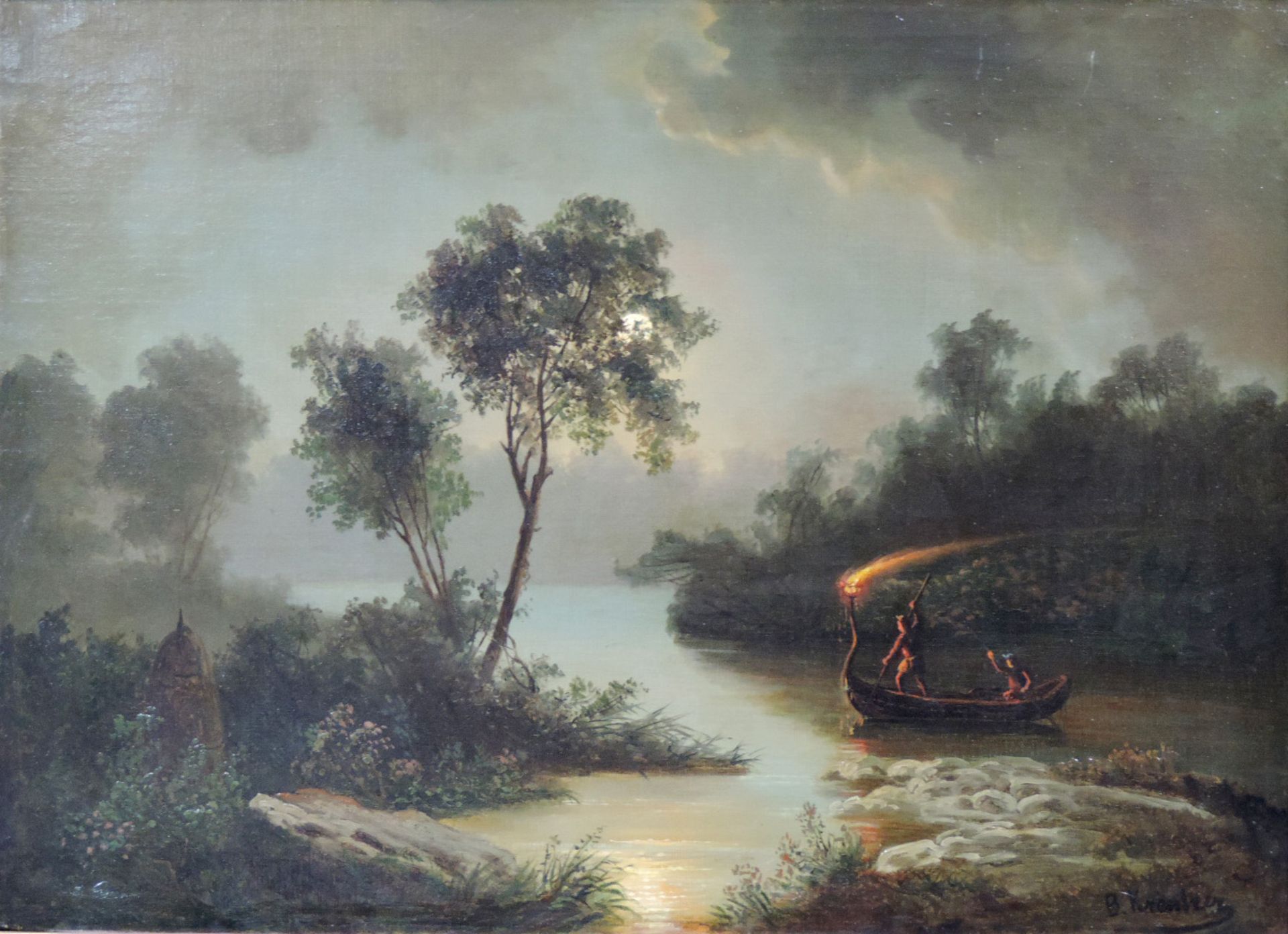 B. KREUTZER (XIX). Nächtliche Bootsfahrt.47 cm x 66 cm. Gemälde, Öl auf Leinwand. Unten rechts