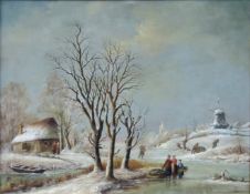 I. STORK (XIX). Winterlandschaft mit Windmühle, Niederlande.38 cm x 46 cm. Gemälde, Öl auf Leinwand.