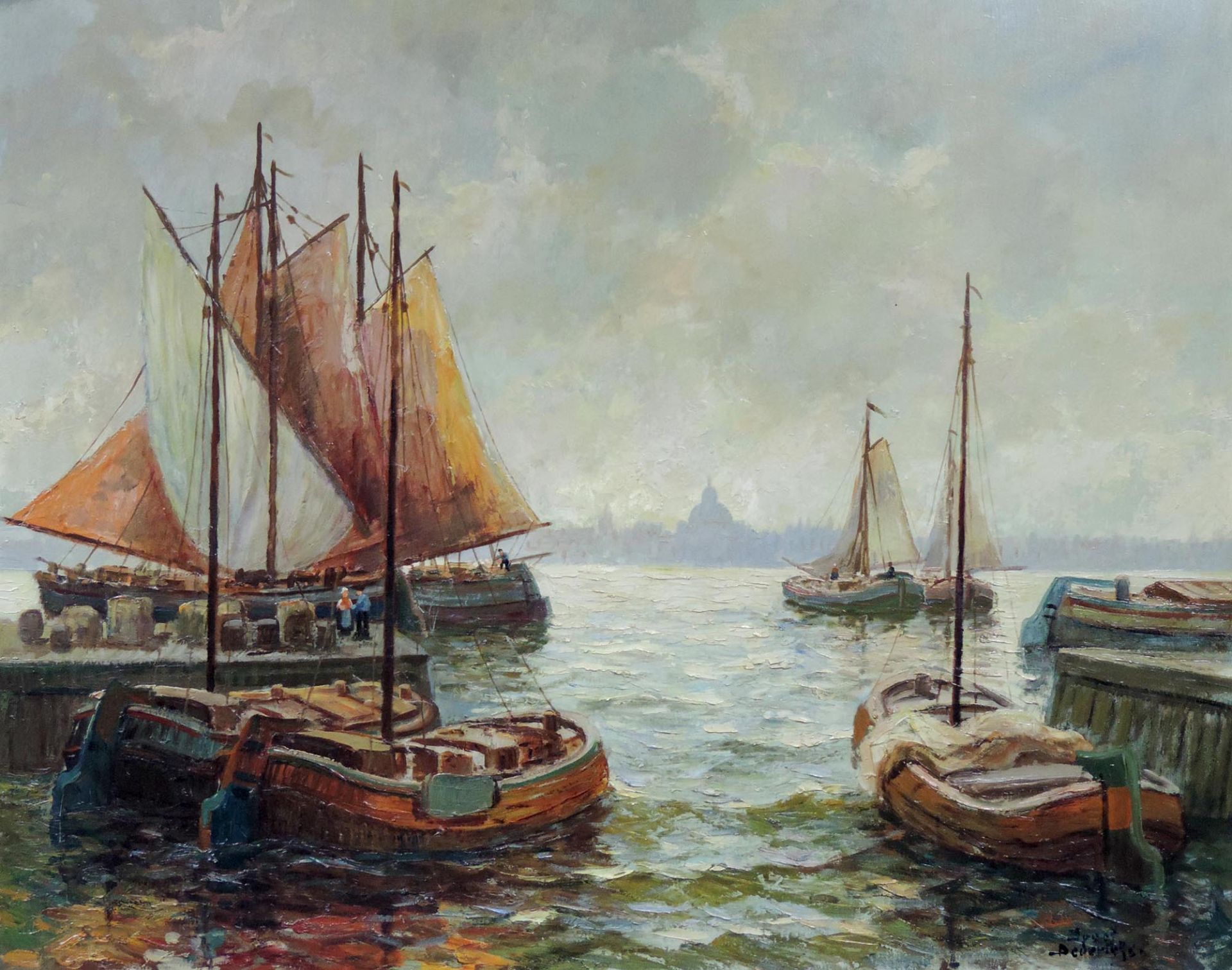 Josef DEDERICHS (1873-1948). Plattbodenschiffen, auch Bojer, vor Amsterdam.80 cm x 100 cm.