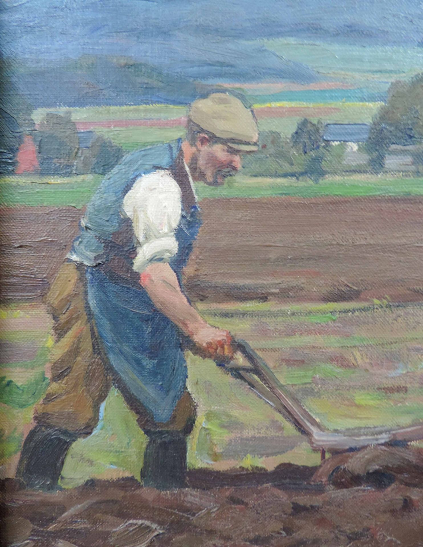 Willy TAG (1886 - 1980). Pflügender Bauer mit zwei Pferden.56 cm x 89 cm. Gemälde, Öl auf - Bild 3 aus 6