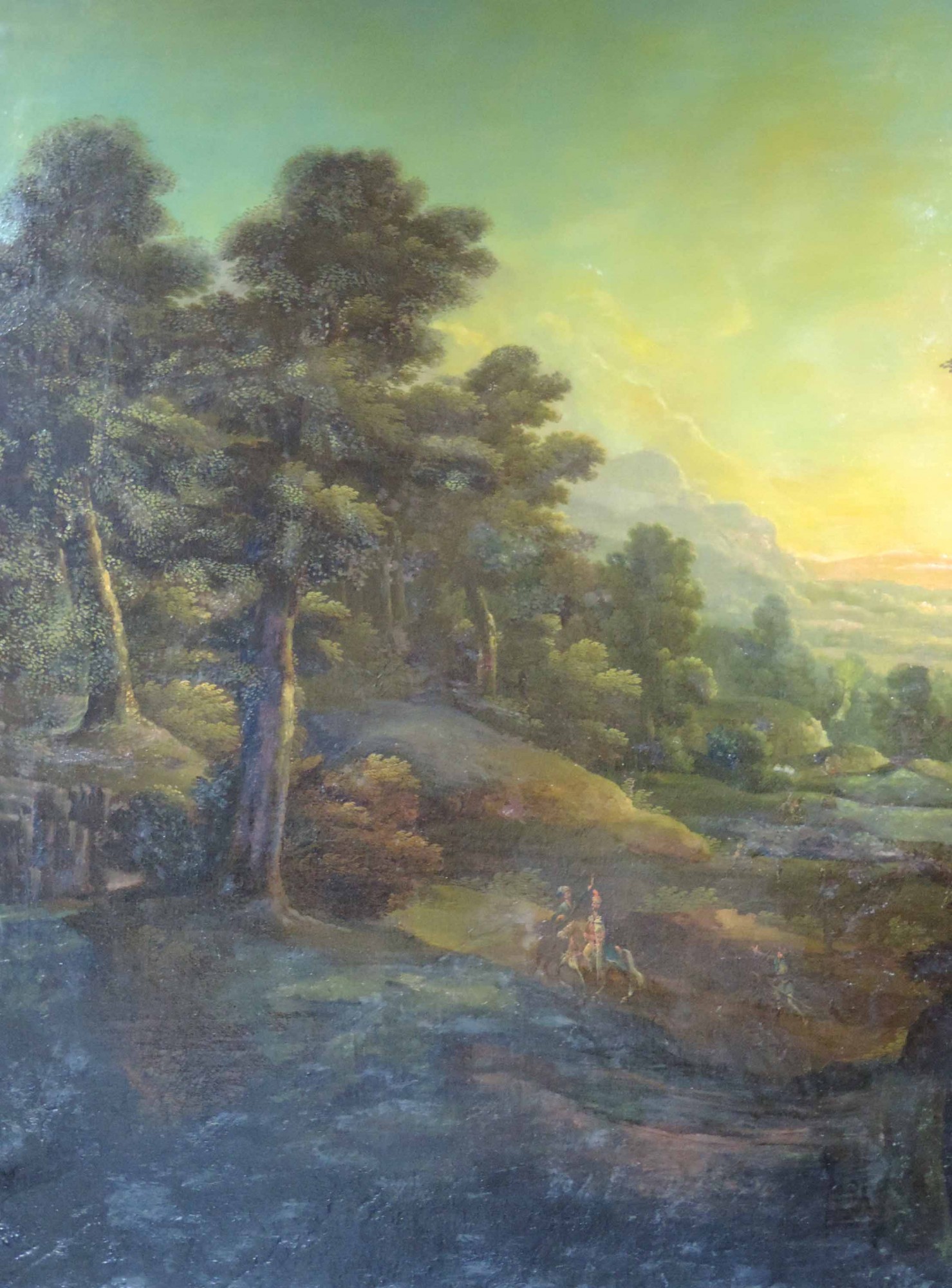 Romantische Schule (XVII - XVIII). Weite arkadische Landschaft im Abendlicht.130 cm x 160 cm. - Image 3 of 10