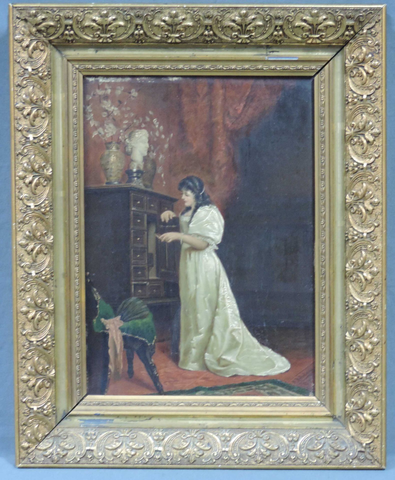 Unbekannt (XIX). Feine Dame, der Liebesbrief.30,5 cm x 22 cm. Gemälde, Öl auf Holz. Undeutlich