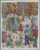 Der Herrscher hält Hof im Garten. Feine Stickerei, Kaschmir. Alt. 55 cm x 43 cm. Wolle auf
