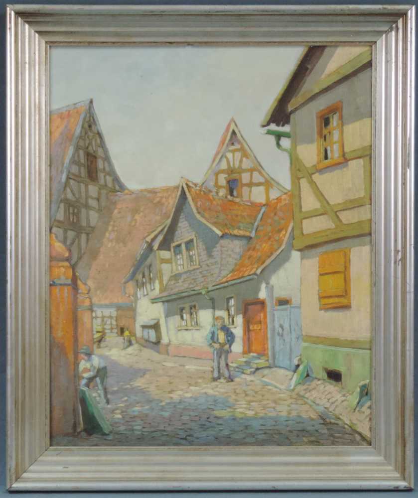 Deutsche Schule (XX). Dorfansicht mit Personen. 58 cm x 46 cm. Gemälde, Öl auf Leinwand. Unsigniert.