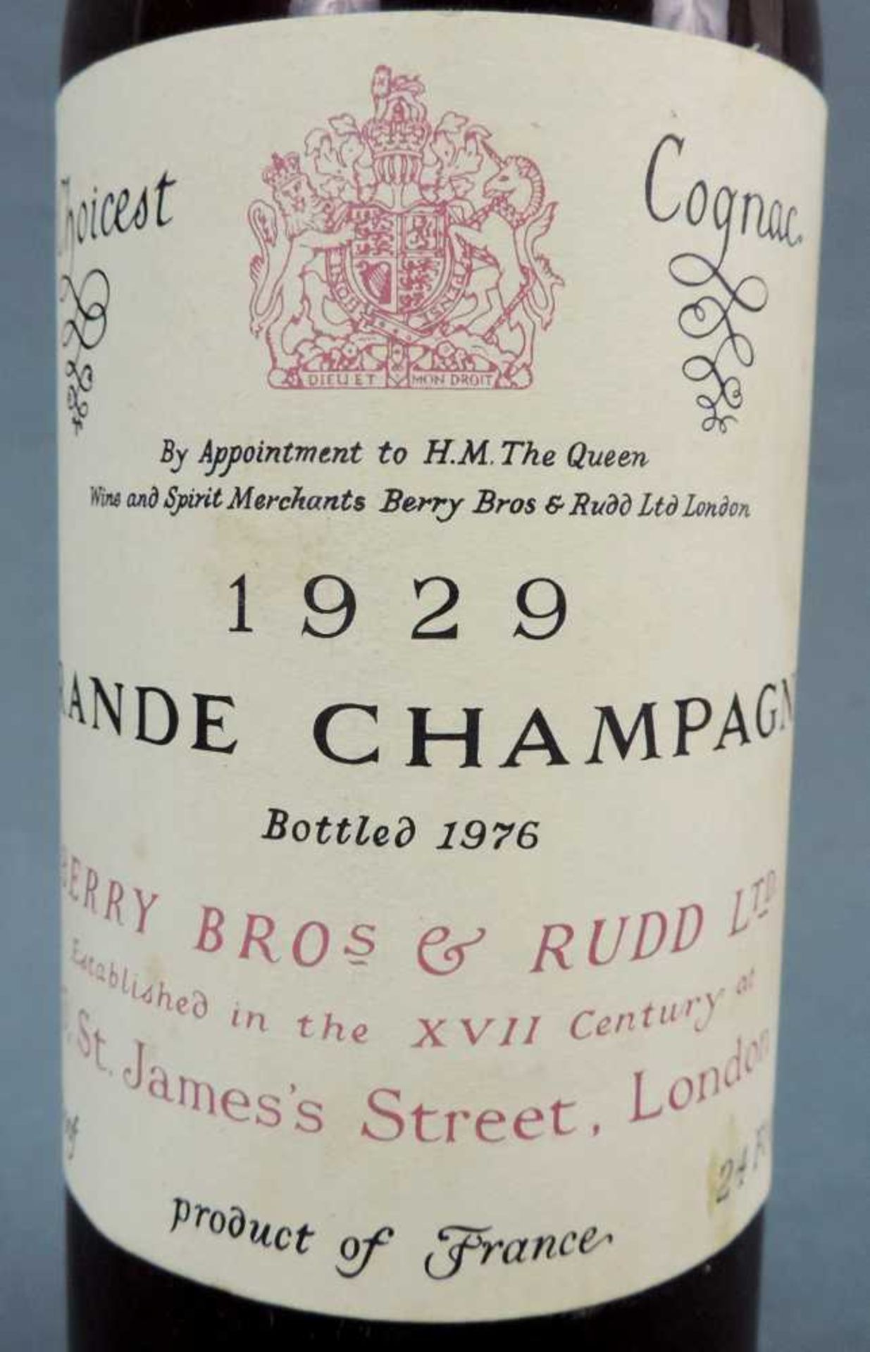 1929 Berry Brothers & Rudd, Grande Champagne, 40%vol, 70 cl. 1929 Berry Brothers & Rudd, Grande - Image 2 of 4