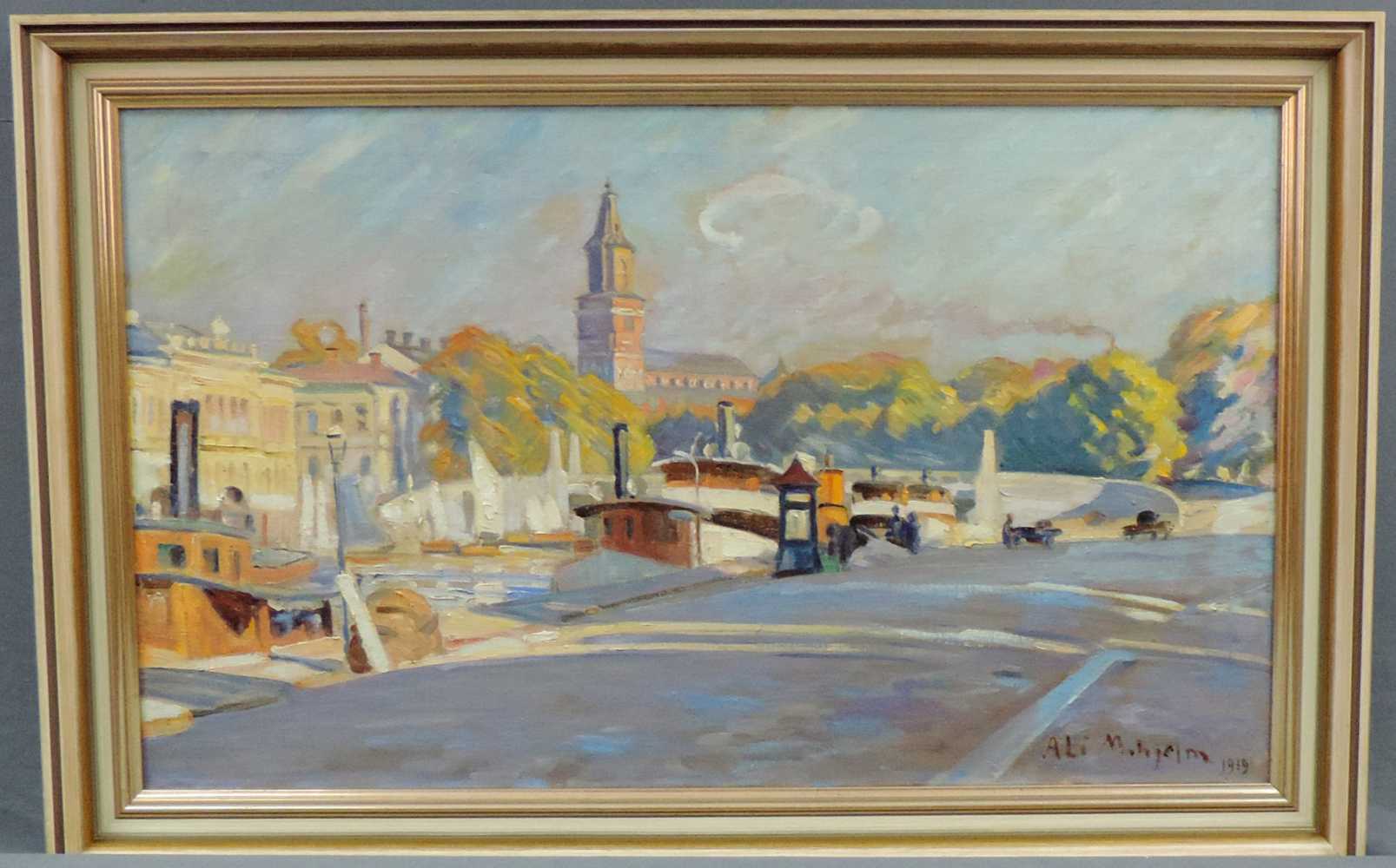 Ali MUNSTERHJELM (1873 - 1944). ''Ångbåtshamnen under Samppalinna i Abo''. 53,5 cm x 89,5 cm. - Image 3 of 6