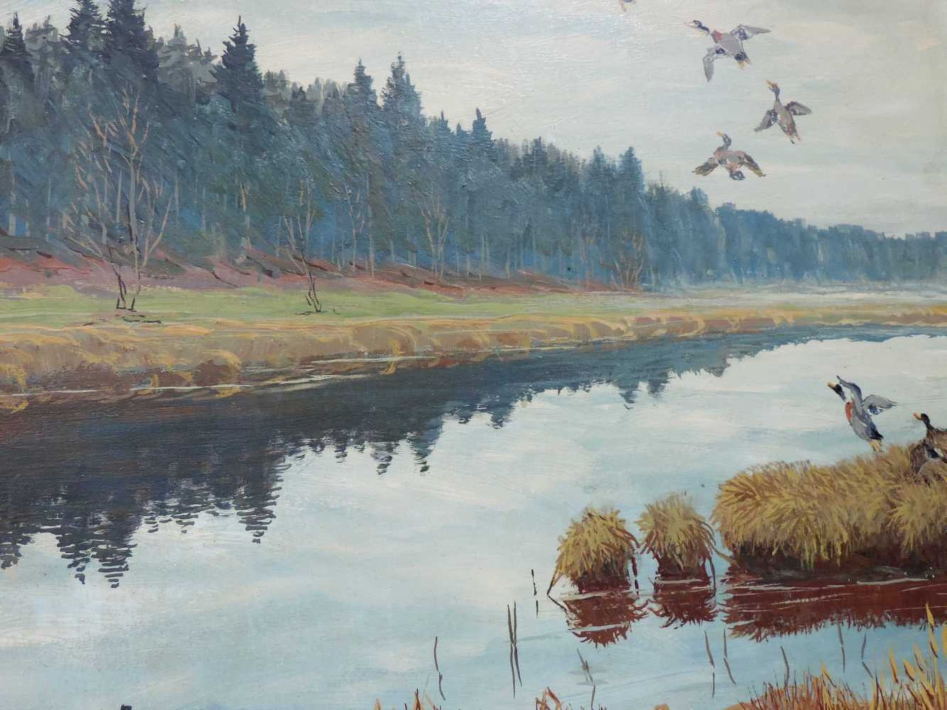 Karl WÄHMANN (1897 - 1981). Enten am Waldsee. 73 cm x 65 cm. Gemälde, Öl auf Tafel. Links unten - Bild 4 aus 8