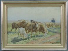Albin Tippmann (1871 - 1952). Ländliche Szene mit Schafen. 33,5 cm x 47,5 cm. Gemälde, Öl auf