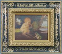 Hans HUFER (XX). Pan mit seiner Flöte und einer Kröte. 28 cm x 22 cm. Gemälde. Öl auf Holz.
