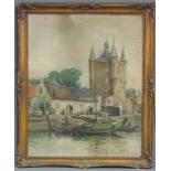 Cornelius Anton BARTELS (1890 - ?). Stadttor am Hafen mit Plattbodenschiffen 1925. 50 cm x 40 cm.