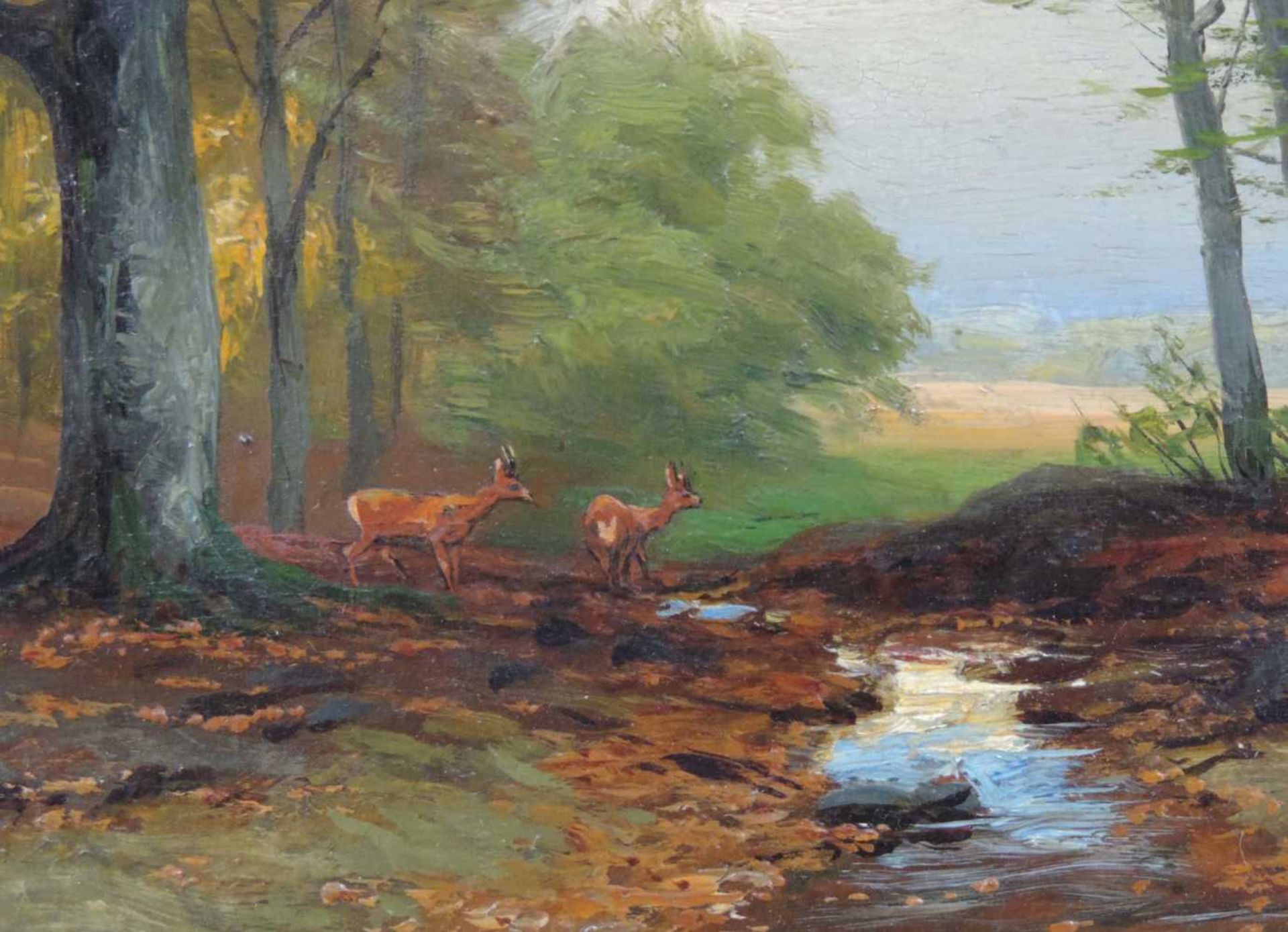 Carl Ludwig FAHRBACH (1835 - 1902). Rehe am Waldbach 1894. 36 cm x 44 cm. Gemälde, Öl auf Holz. - Bild 4 aus 8