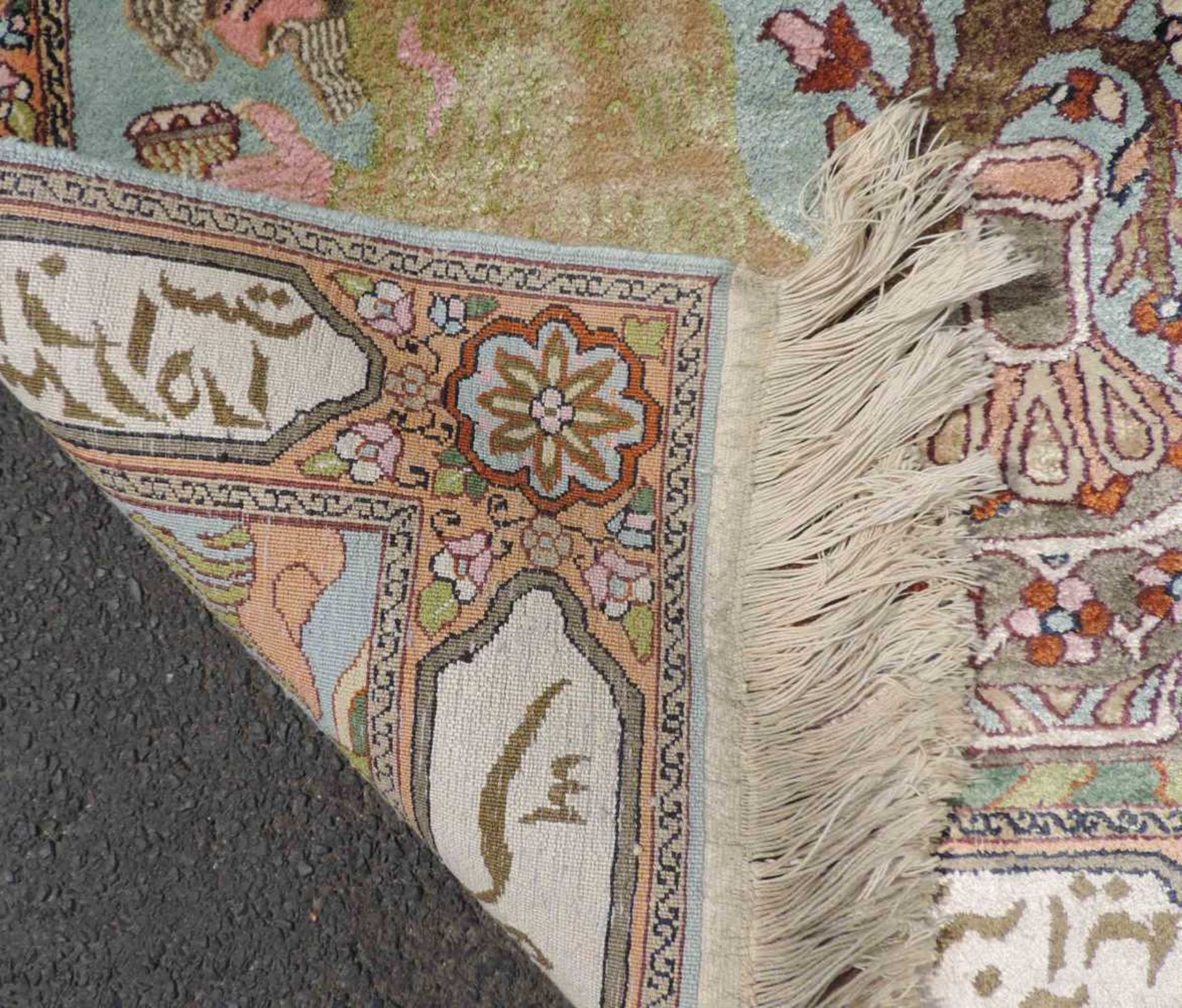 Feiner Bildteppich Seide. Kaschmir, Indien. 95 cm x 65 cm. Handgeknüpft. Flor reine Seide. Guter - Bild 6 aus 7