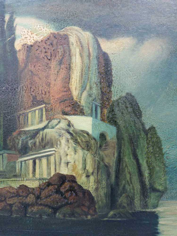Nach Arnold Böcklin. ''Die Toteninsel''. 135 cm x 72 cm. Gemälde, Öl auf Leinwand. Unsigniert. - Image 4 of 5