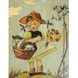 Maria Innocentia HUMMEL (1909 - 1946) Umkreis. Mädchen mit 2 Katzen 1948. 25 cm x 20 cm. Gemälde, Öl