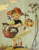 Maria Innocentia HUMMEL (1909 - 1946) Umkreis. Mädchen mit 2 Katzen 1948. 25 cm x 20 cm. Gemälde, Öl