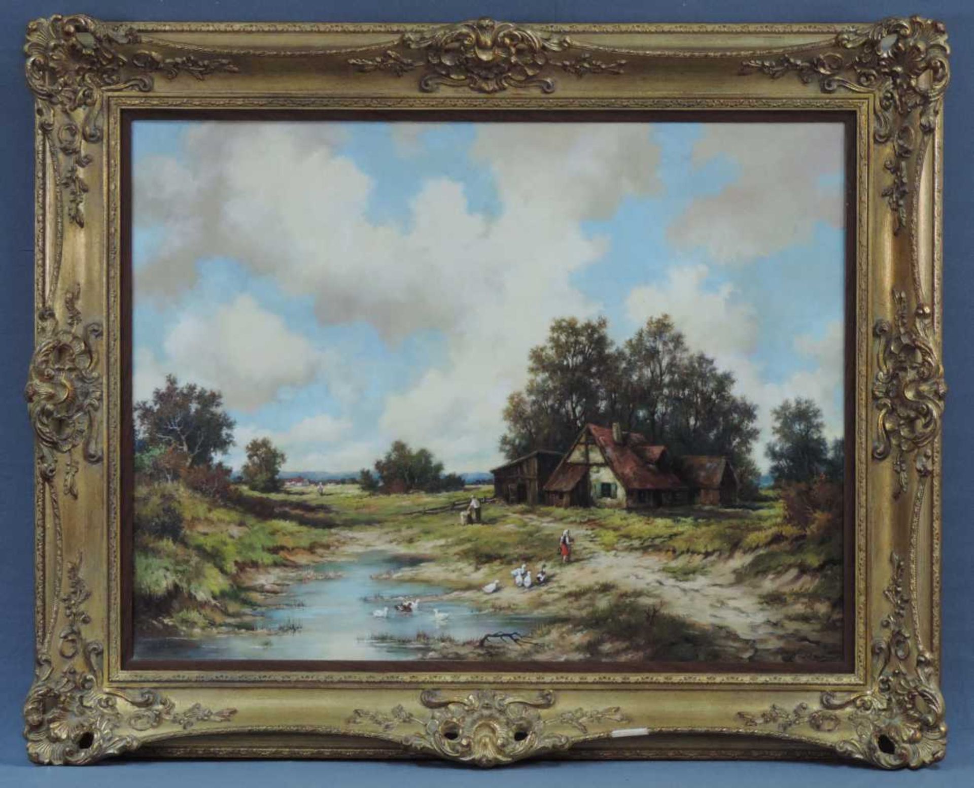 Alfons Maria SPEIER (1923). Bauernhaus mit Teich. 59 cm x 78 cm. Gemälde. Öl auf Leinwand. Signiert.