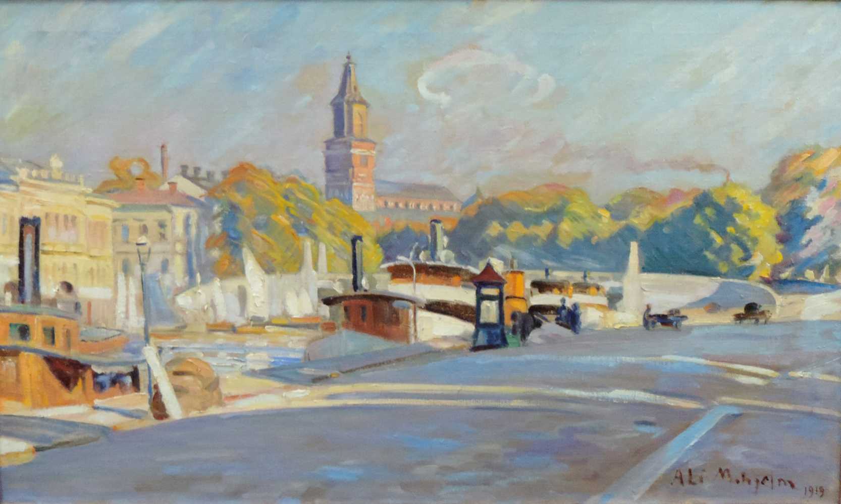 Ali MUNSTERHJELM (1873 - 1944). ''Ångbåtshamnen under Samppalinna i Abo''. 53,5 cm x 89,5 cm.