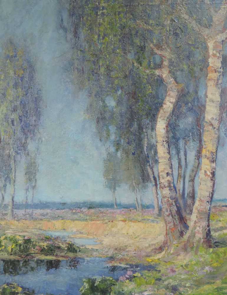 Julius OBST (1878 - 1939) zugeschrieben. Sumpf mit Seerosen und Birken. 85 cm x 70 cm. Gemälde, Öl - Image 4 of 7