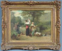 Karel Frans PHILIPPEAU (1825 - 1897). Waschende Frauen am Brunnen. 33 cm x 44 cm. Gemälde, Öl auf