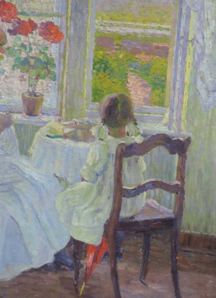 Pointilist um 1900. Mutter mit Tochter bei der Handarbeit am Fenster. 80 cm x 74 cm. Gemälde, Öl auf - Image 3 of 8