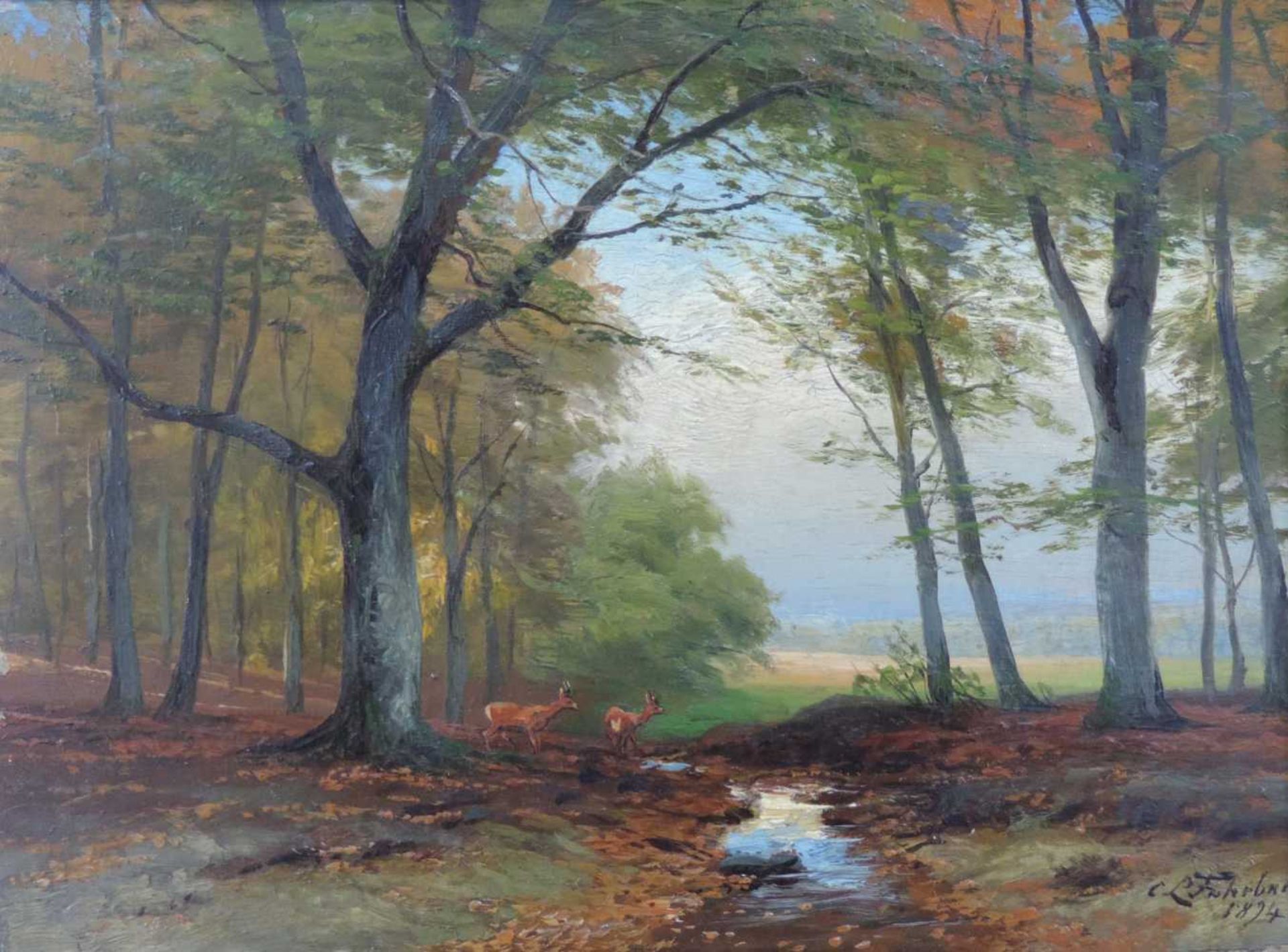 Carl Ludwig FAHRBACH (1835 - 1902). Rehe am Waldbach 1894. 36 cm x 44 cm. Gemälde, Öl auf Holz. - Bild 3 aus 8