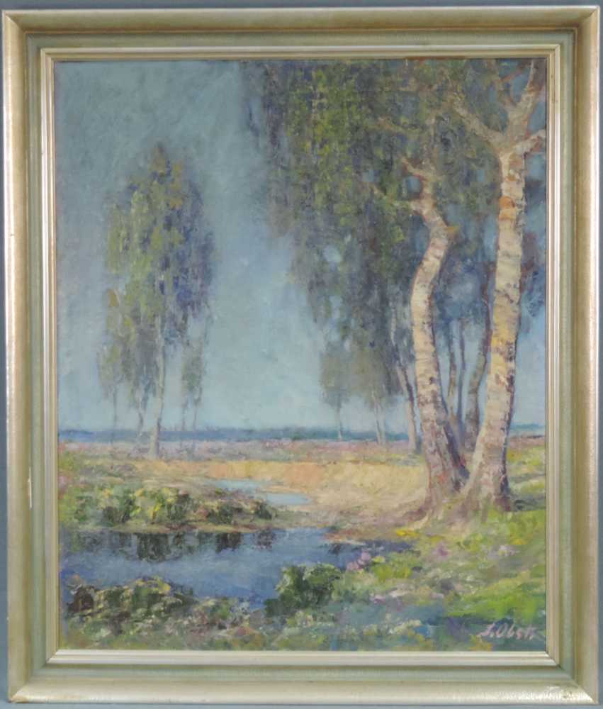 Julius OBST (1878 - 1939) zugeschrieben. Sumpf mit Seerosen und Birken. 85 cm x 70 cm. Gemälde, Öl