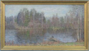 Mihail OTVAGIN (1941 -). "Frühling. Der Fluss Meta." 1992. 35 cm x 65 cm. Russland. Gemälde, Öl