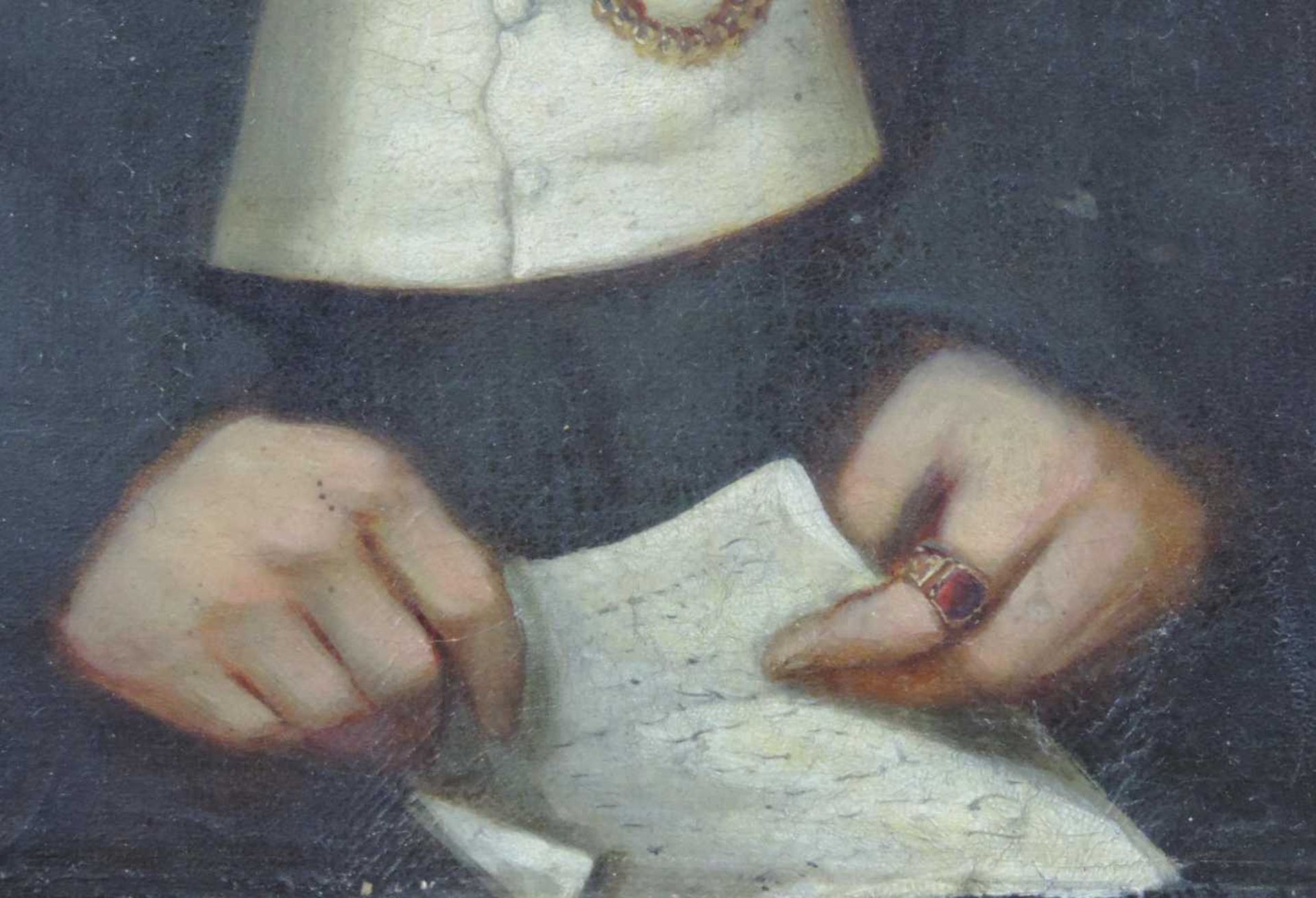 Unsigniert (XIX). Halbportrait eines Herren mit Brief. 37 cm x 32 cm. Gemälde, Öl auf Leinwand. - Bild 3 aus 5