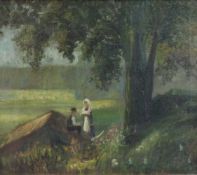 UNSIGNIERT (XIX - XX). Impressionist. Paar bei der Erntepause. 60 cm x 70 cm. Gemälde, Öl auf