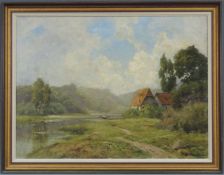 Oskar LEU (1864 - 1942). Bauernhaus an der Amper, Bayern. 61 cm x 80 cm. Gemälde, Öl auf Leinwand.