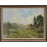 Oskar LEU (1864 - 1942). Bauernhaus an der Amper, Bayern. 61 cm x 80 cm. Gemälde, Öl auf Leinwand.