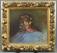ORIENTALIST (XIX). Portrait einer Frau mit Goldschmuck. 40 cm x 46 cm. Gemälde, Öl auf Leinwand.