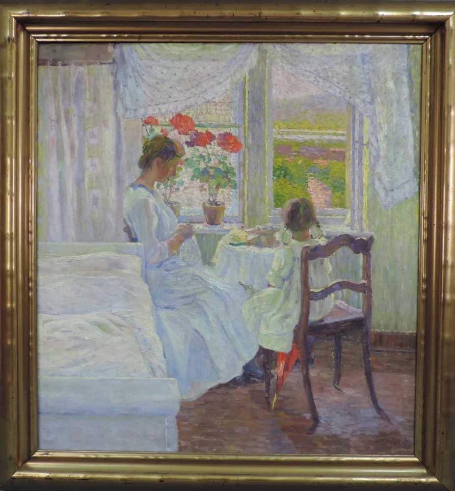 Pointilist um 1900. Mutter mit Tochter bei der Handarbeit am Fenster. 80 cm x 74 cm. Gemälde, Öl auf