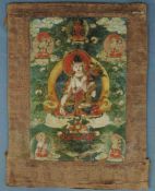 Thangka. Wohl Darstellung der weißen Tara mit der typischen Mudra. 71 cm x 52 cm gesamt. Auf