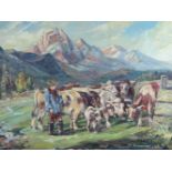 Kurt SEIFERT (1893 - ?). Kuhhirte mit Rinderherde in den Alpen. 57 cm x 80 cm. Gemälde, Öl auf