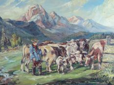 Kurt SEIFERT (1893 - ?). Kuhhirte mit Rinderherde in den Alpen. 57 cm x 80 cm. Gemälde, Öl auf