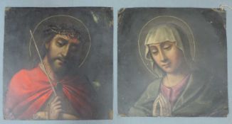 Unbekannt (XVIII). Ein Bild der Maria und ein Bild von Jesus. Je 28 cm x 28 cm. Gemälde. Öl auf
