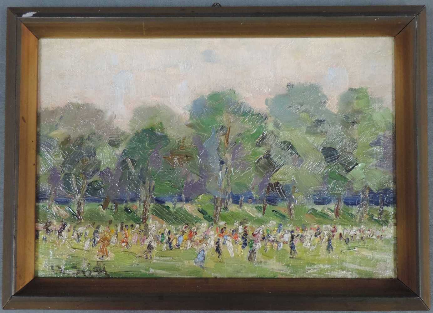 Alois SEIDL (1897 - 1970). Belebter Park. 16 cm x 24,5 cm. Links unten signiert. Gemälde, Öl auf
