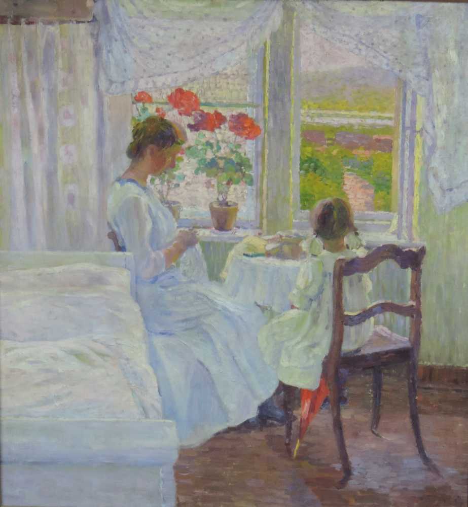 Pointilist um 1900. Mutter mit Tochter bei der Handarbeit am Fenster. 80 cm x 74 cm. Gemälde, Öl auf - Image 8 of 8