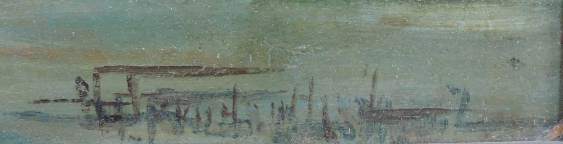 Undeutlich signiert (XX). Hafen Hamburg, mit St. Pauli Landungsbrücken und Michel. 70 cm x 100 cm. - Image 2 of 7