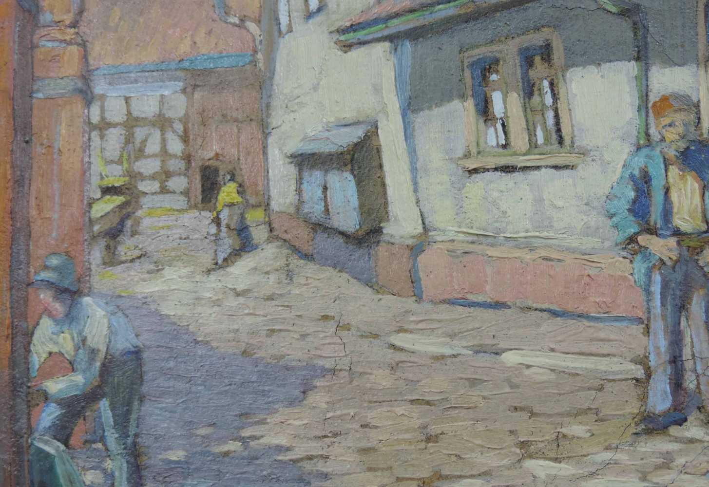 Deutsche Schule (XX). Dorfansicht mit Personen. 58 cm x 46 cm. Gemälde, Öl auf Leinwand. Unsigniert. - Image 5 of 10