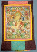 Thangka. Wohl Tibet, alt. Jambhala, Gott des Wohlstands. 90 cm x 67 cm das Bild. Insgesamt 136 cm