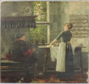Karl HEYDEN (1845 - 1933). Flirt beim Bügeln. 65 cm x 65 cm. Gemälde, Öl auf Leinwand. Rechts oben