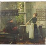 Karl HEYDEN (1845 - 1933). Flirt beim Bügeln. 65 cm x 65 cm. Gemälde, Öl auf Leinwand. Rechts oben