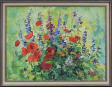 R. HOßTE (XX). Mohnblumen. 60 cm x 80 cm. Gemälde. Öl auf Leinwand. Rückseitig auf dem Rahmen