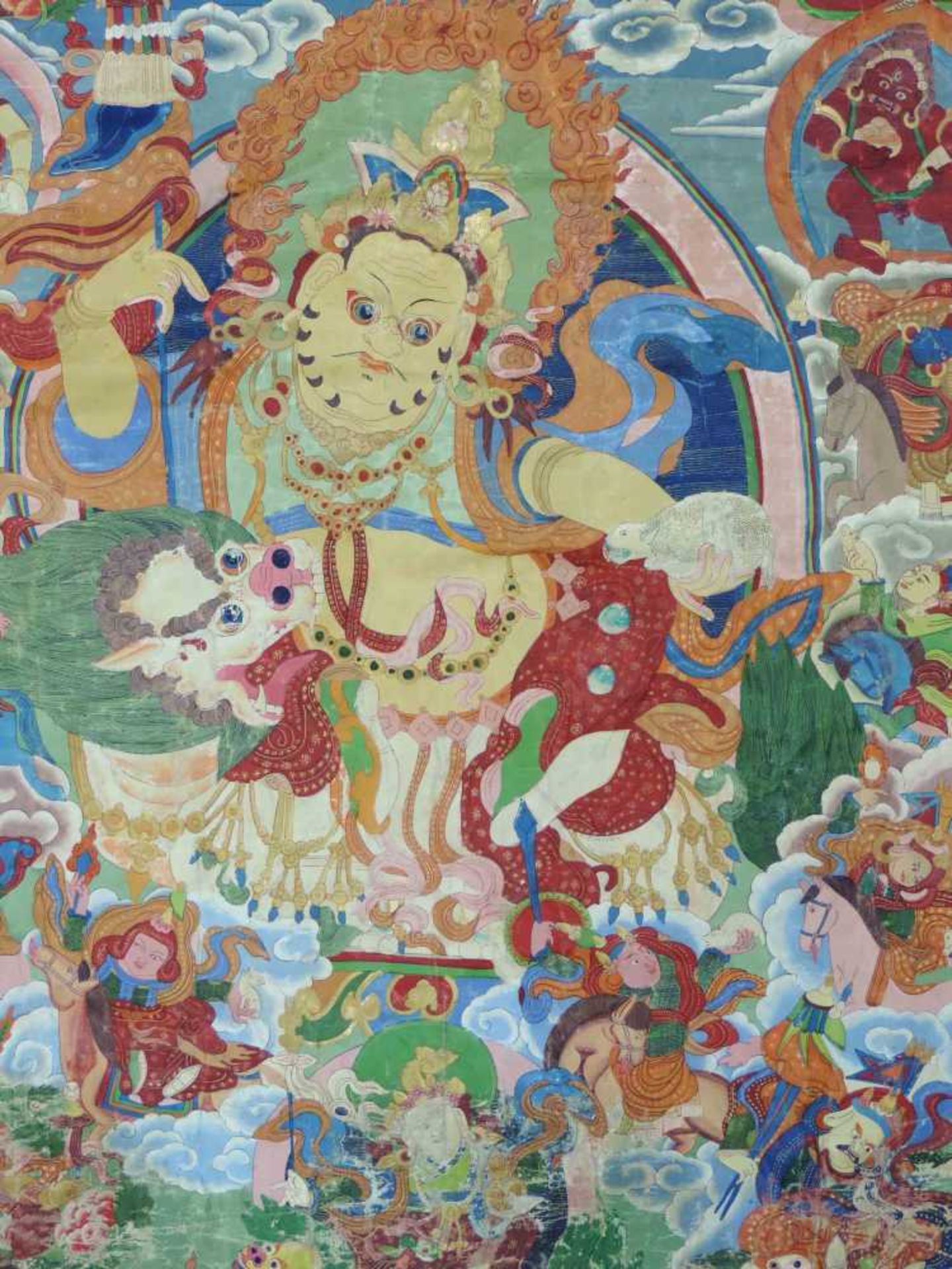 Thangka. Wohl Tibet, alt. Jambhala, Gott des Wohlstands. 90 cm x 67 cm das Bild. Insgesamt 136 cm - Bild 2 aus 5