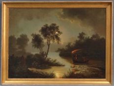 B. KREUTZER (XIX). Nächtliche Bootsfahrt. 47 cm x 66 cm. Gemälde, Öl auf Leinwand. Unten rechts