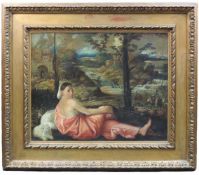 Kopiest (XIX), nach CARIANI. "Junge Frau in reicher Landschaft" 77 cm x 94 cm. Gemälde, Öl auf