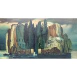 Nach Arnold Böcklin. ''Die Toteninsel''. 135 cm x 72 cm. Gemälde, Öl auf Leinwand. Unsigniert.