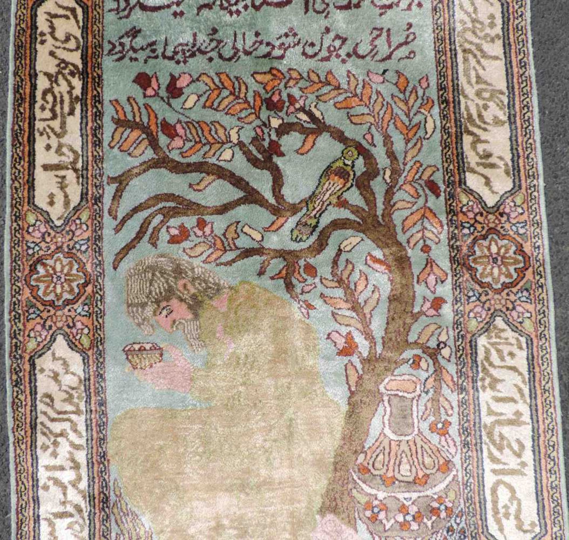 Feiner Bildteppich Seide. Kaschmir, Indien. 95 cm x 65 cm. Handgeknüpft. Flor reine Seide. Guter - Bild 3 aus 7